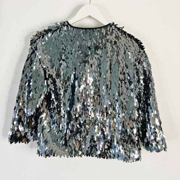 H&M Blue Rectangle Paillette Sequin Fully Lined Jacket - Picture 2 of 5